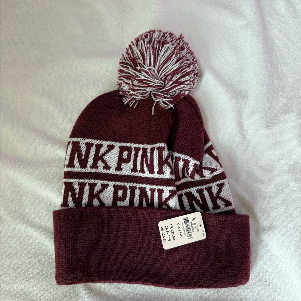 PINK Victoria's Secret Burgundy Pom-Pom Hat